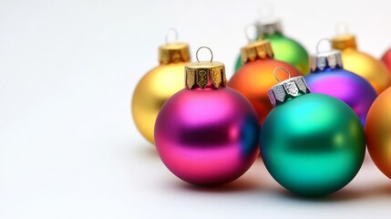 Colorful Xmas bulbs shine in a close-up shot.