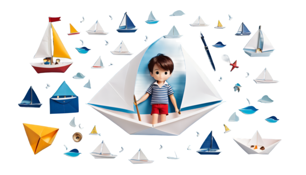 sailing little boy paper boat acrylic blue boat boy childhood sailboat sea captain cartoon cat children cloud dreamy explorer happiness happy hat house illustration journey children landscape ladder