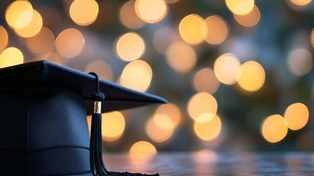 Black graduation cap on a blurred bokeh background.