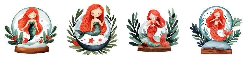 Naklejka premium Four enchanting mermaid illustrations in a whimsical style, surrounded by aquatic elements.