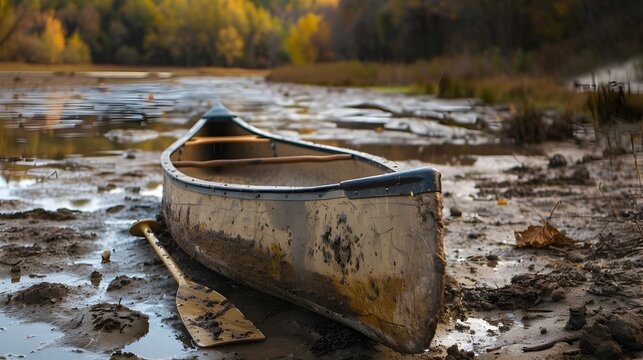 Weathered Canoe and Paddle Resting on Autumn Lakeside Shore - Powered by Adobe