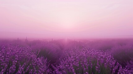 Lavender Field in Misty Sunrise