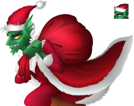 Goblin wearing Santa Claus outfit. Gremlin holding Christmas presents sack. Funny New Year green fantasy creature in a red fur coat and hat stealing a present sack. PNG on transparent background