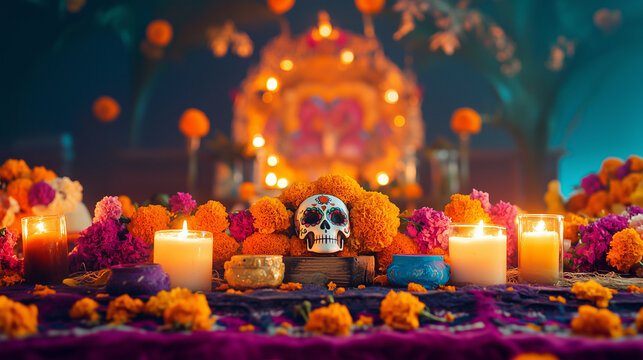 A vibrant altar (ofrenda) decorated with colorful marigolds, candles, and sugar skulls, glowing in the night, festival, modern style