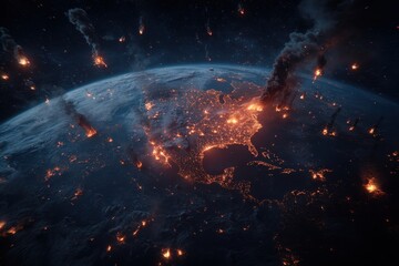 The image depicts Earth being hit by numerous asteroids causing widespread fires and destruction predominantly across the North American continent.