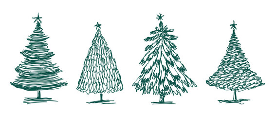 Sketches of abstract various doodle christmas trees silhouettes, vector hand drawn illustration, isolated on white background