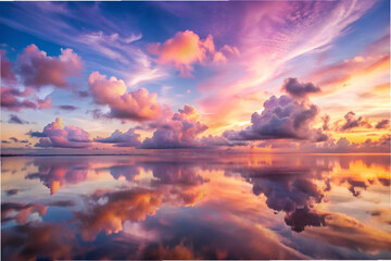 The sky is filled with clouds and the sun is setting. The clouds are pink and purple, creating a beautiful and serene atmosphere