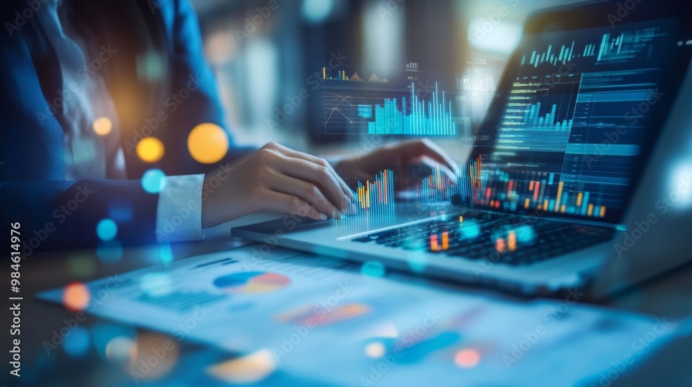 Wall mural tech-driven financial advisory. business team collaborating with digital tools and reports