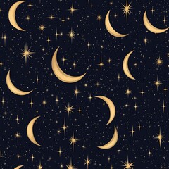 Naklejka premium Celestial Magic - Seamless Pattern of Golden Stars and Crescent Moons on Dark Starry Sky Background for Luxury Branding