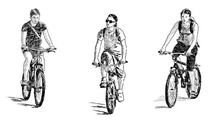 Obraz premium Sketches of three teen boys riding bicycles on summer day, front view, realistic hand drawin vector illustration