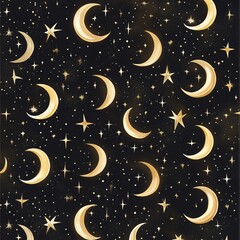 Naklejka premium Celestial Mystical Golden Stars and Moons Seamless Pattern on Dark Background - Perfect for Luxury Branding and Textiles