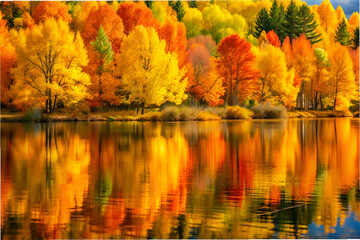 A beautiful autumn scene with trees and a lake. The water is reflecting the trees and the sky, creating a serene and peaceful atmosphere