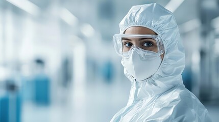 Biotech worker in full protective gear inside a pharmaceutical cleanroom, emphasizing industry safety standards, pharmaceutical cleanroom, biotech safety
