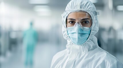 Biotech worker in full protective gear inside a pharmaceutical cleanroom, emphasizing industry safety standards, pharmaceutical cleanroom, biotech safety