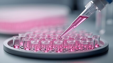 Close-up of pipette interacting with pink liquid in a laboratory tray, showcasing advanced pharmaceutical research, bioengineering, drug testing innovation