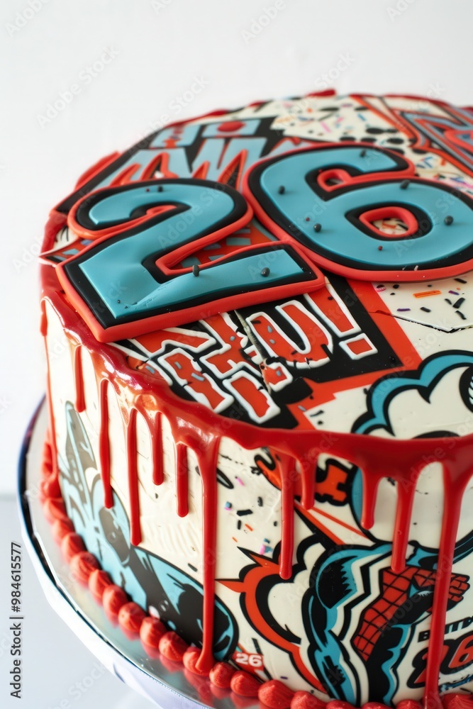 Wall mural a superhero comic birthday cake with the number 26 in bold red and blue icing, featuring comic book 