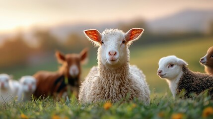 Obraz premium Peaceful Sheep Grazing in a Verdant Field with Attentive Shepherd Dog.