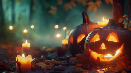 Obraz premium Glowing jack-o’-lanterns with candles in a misty forest at night, perfect for spooky Halloween-themed designs.