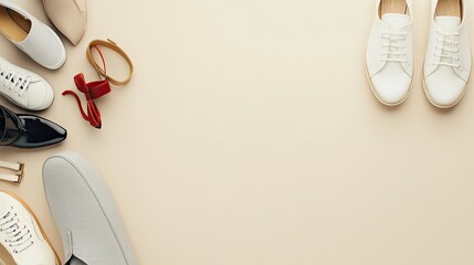 Brown shoes rest on a beige background surrounded by cotton bracelets and autumn leaves, evoking a warm, cozy fall vibe perfect for seasonal promotion
