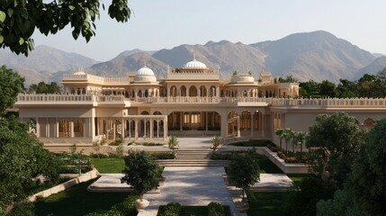 Fototapeta premium Majestic Palace With Ornate Architecture Nestled in Lush Mountain Landscape