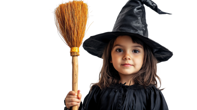 A young child in a witch costume, wearing a black hat, holding a broom, set against a dark background, exuding a playful, magical charm., isolated on background.