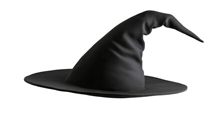 A tall, pointed black hat, typically associated with witches, with a wide brim, set against a dark background., isolated on background.