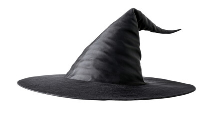 A classic black witch hat with a pointed crown and wide brim, perfect for Halloween or cosplay., isolated on background.