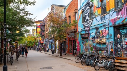 Fototapeta premium Vibrant Graffiti-Covered Storefronts and Bicycles on a Lively Urban Street