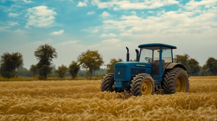 Obraz premium A blue tractor navigates through a golden wheat field, reflecting the vibrant agricultural practices in rural India during harvest season. The landscape is dotted with trees and a dramatic sky.