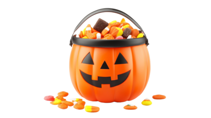 A vibrant orange Halloween candy bucket filled with assorted sweets, featuring a classic jack-o'-lantern face, surrounded by scattered candies., isolated on background.