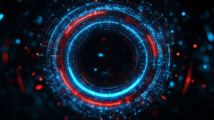 Obraz premium vibrant 3D render of circular design featuring digital elements in blue and red hues, creating futuristic and technological atmosphere. intricate patterns evoke sense of depth and innovation