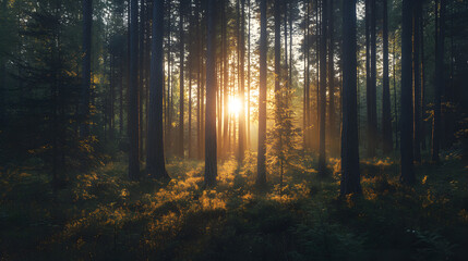 Fototapeta premium Sunlight peeking through tall trees in a forest.