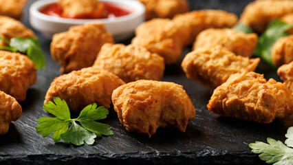 Homemade crispy fried chicken nuggets served on a stone board