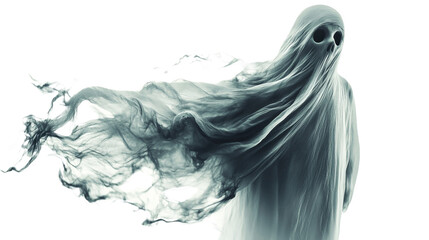 A spectral figure draped in flowing white mist, evoking an eerie presence against a dark backdrop., isolated on background.