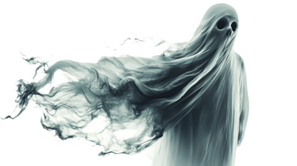 A spectral figure draped in flowing white mist, evoking an eerie presence against a dark backdrop., isolated on background.
