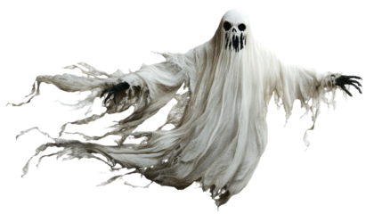 A spooky ghost with tattered white fabric floating against a dark background, evoking a haunting and eerie atmosphere., isolated on background.
