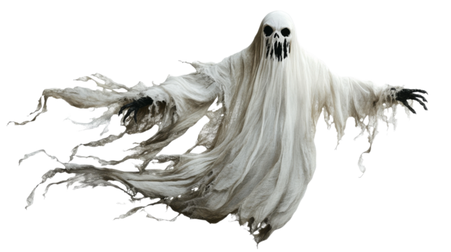 A spooky ghost with tattered white fabric floating against a dark background, evoking a haunting and eerie atmosphere., isolated on background.