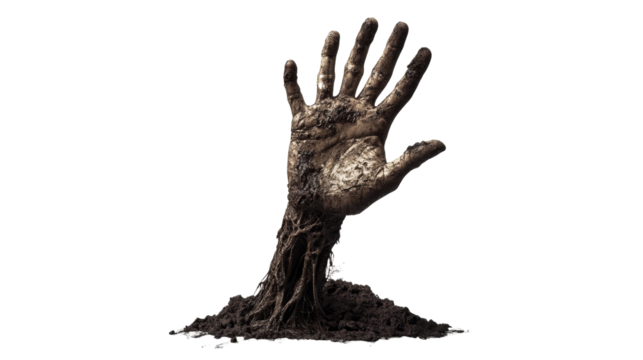 A dark, eerie image featuring a hand breaking through soil, symbolizing struggle or rebirth from the earth., isolated on background.