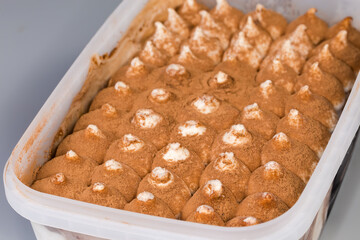 Ice cream sprinkled with cocoa powder in container close-up