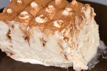 Ice cream sprinkled with cocoa powder closeup in selective focus