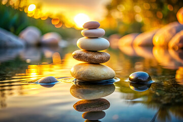 Obraz premium A stack of rocks is floating on the surface of a body of water