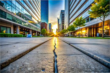Fototapeta premium A city street with a crack in the sidewalk