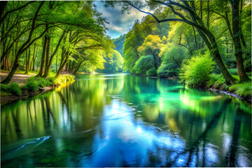 A serene and peaceful scene of a river surrounded by trees