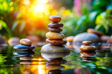 Obraz premium A stack of rocks is floating on a body of water