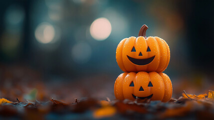Naklejka premium Stacked Halloween pumkins with Smiley Face in a Cute Cartoon Style, Dark Tones and Blurred Background Creating a Mysterious Atmosphere for Children's Wallpaper