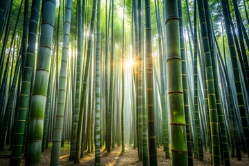 A forest of bamboo trees with a sun shining through the leaves