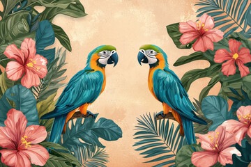 Fototapeta premium Tropical parrots perched among vibrant florals create stunning visual. lush greenery and colorful hibiscus flowers enhance lively atmosphere, evoking sense of paradise
