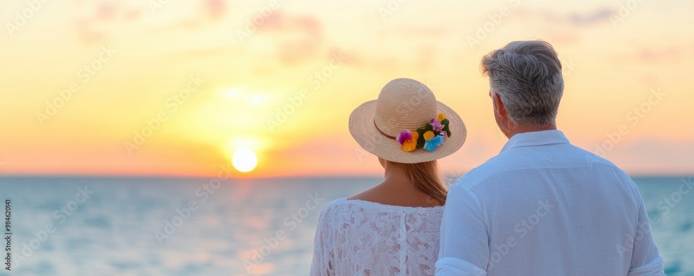 Wall mural An elderly couple is standing on a beach, with the sun setting in the background. They are both wearing straw hats