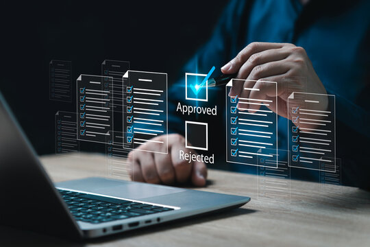 Document approval concept, checklist, certification, quality control, Businessman tick correct mark approval, Accept approved, Quality control, Management assurance, Pass inspection, Best choice