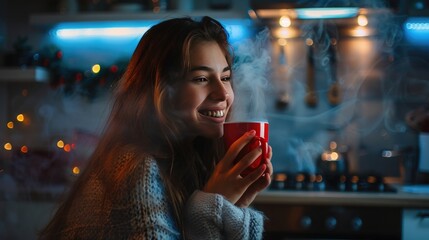 Young woman enjoying hot beverage, cozy kitchen at night, happiness concept